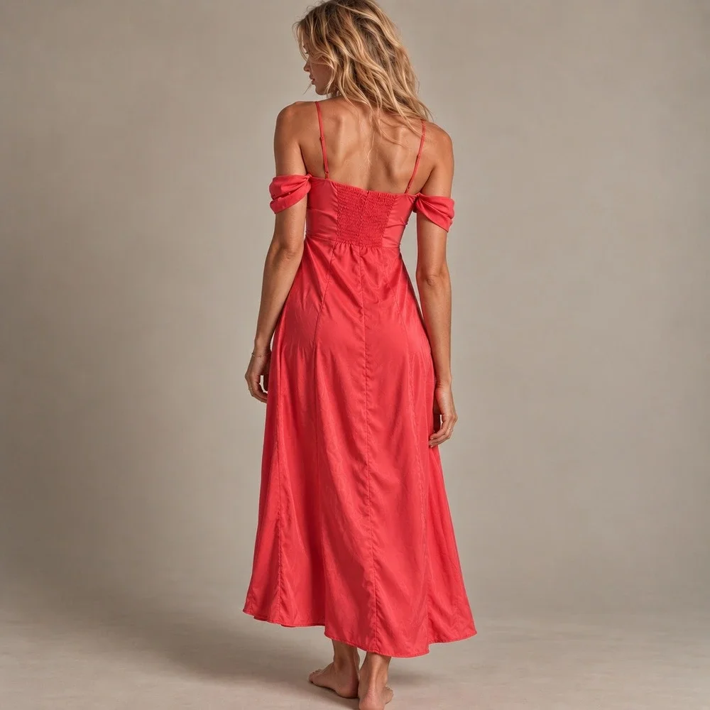 Abercrombie Camille Off Shoulder Corset Style Sweetheart Midi Dress Coral Sz S P